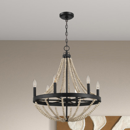 Ashcroft - Starry Wood Chandelier Farmhouse Six Candle Light Wood Beaded Black Pendant Light for Dining Room
