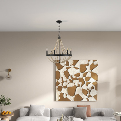 Ashcroft - Starry Wood Chandelier Farmhouse Six Candle Light Wood Beaded Black Pendant Light for Dining Room