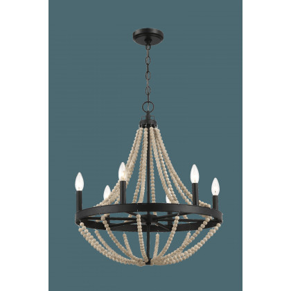 Ashcroft - Starry Wood Chandelier Farmhouse Six Candle Light Wood Beaded Black Pendant Light for Dining Room