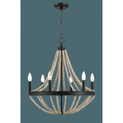 Ashcroft - Starry Wood Chandelier Farmhouse Six Candle Light Wood Beaded Black Pendant Light for Dining Room