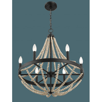 Ashcroft - Starry Wood Chandelier Farmhouse Six Candle Light Wood Beaded Black Pendant Light for Dining Room