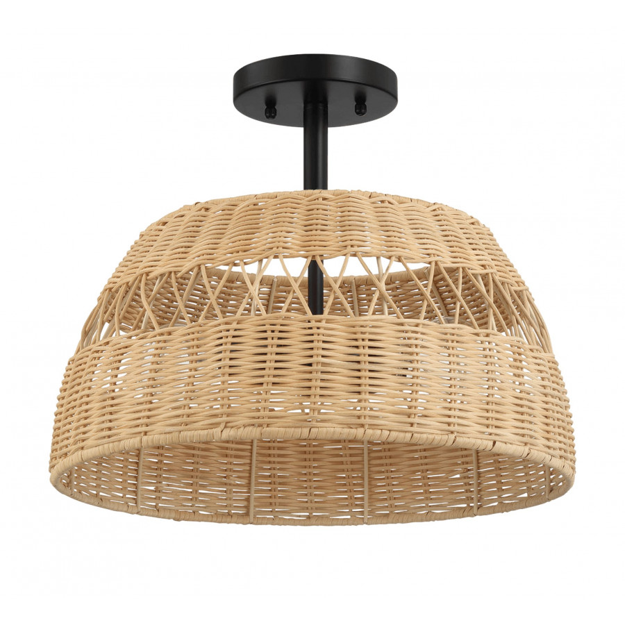 Ashcroft - Twinkle Double Lights Semi Flush With Rattan Shade Black Metal Finish for Farmhouse Style