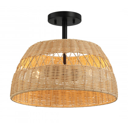 Ashcroft - Twinkle Double Lights Semi Flush With Rattan Shade Black Metal Finish for Farmhouse Style