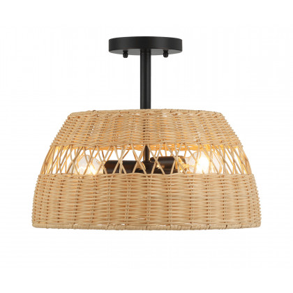 Ashcroft - Twinkle Double Lights Semi Flush With Rattan Shade Black Metal Finish for Farmhouse Style