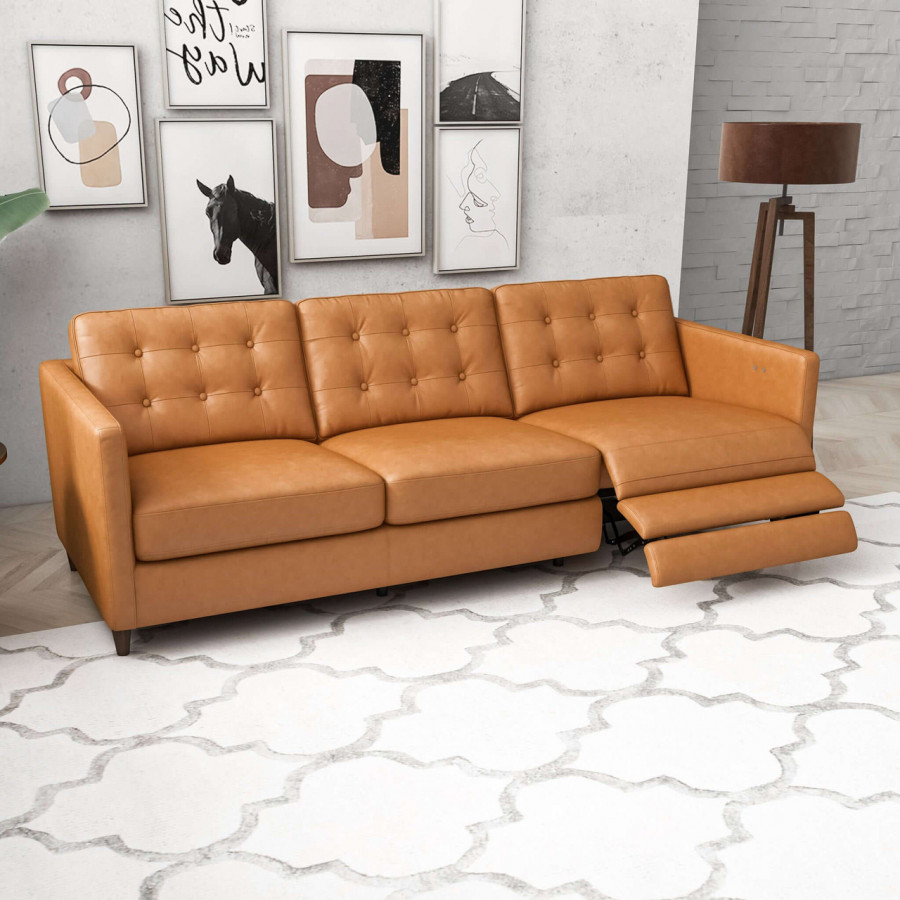 Ashcroft Christopher Leather Electric Reclining Sofa - Tan, Right Recliner