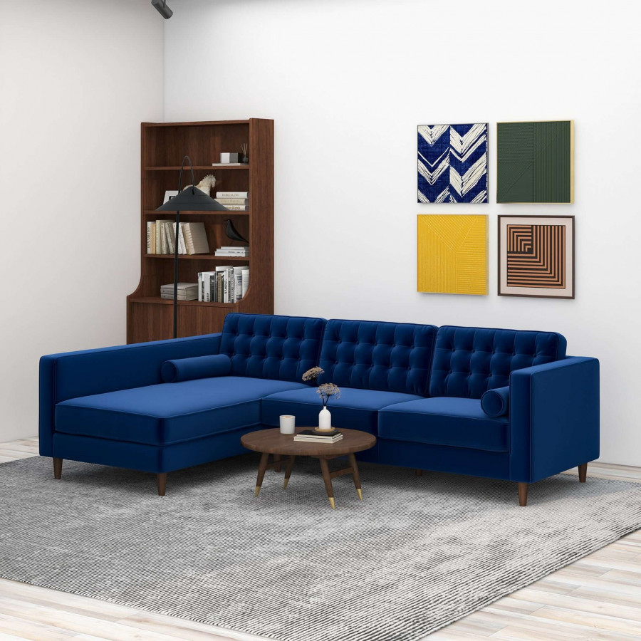 Ashcroft Christian Velvet Sectional Sofa - Blue, Left Facing