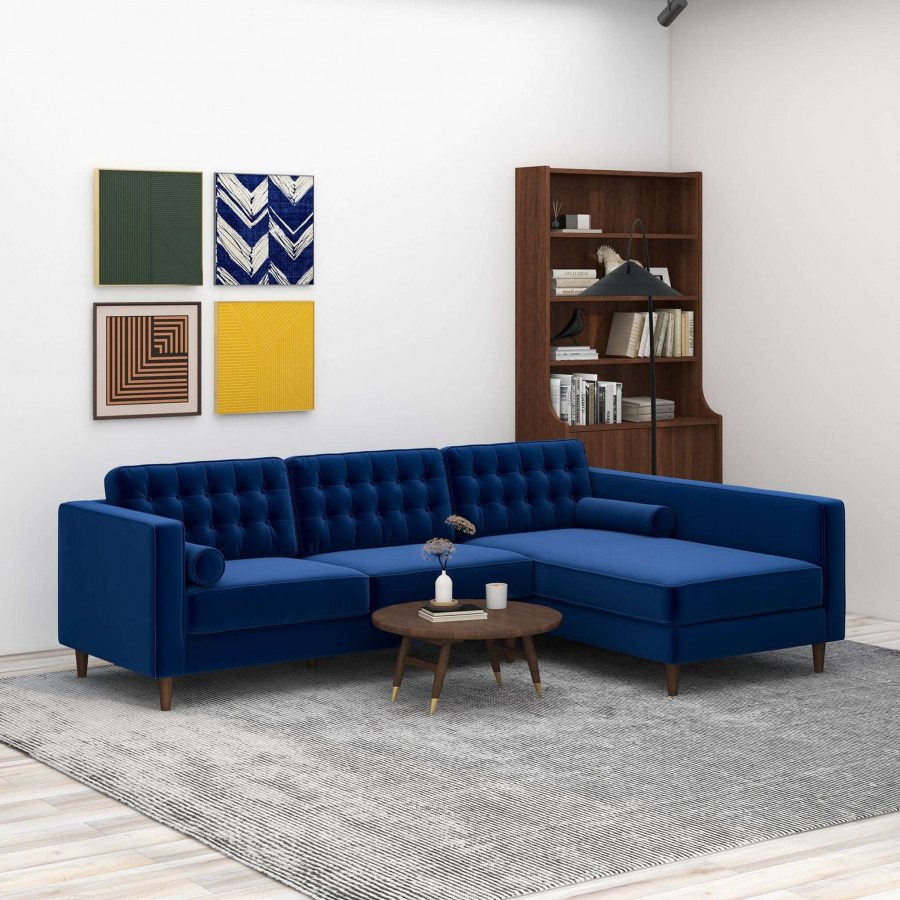 Ashcroft Christian Velvet Sectional Sofa - Blue, Right Facing