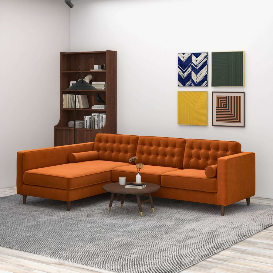Ashcroft Christian Velvet Sectional Sofa - Burnt Orange, Left Facing