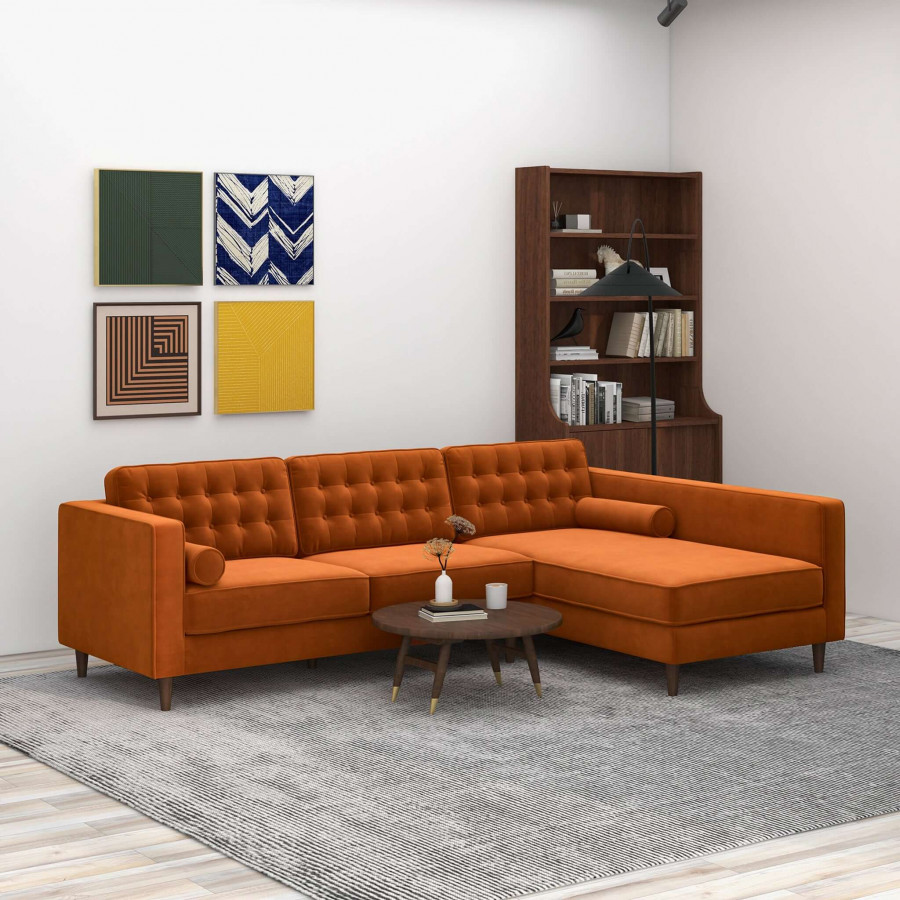 Ashcroft Christian Velvet Sectional Sofa - Burnt Orange, Right Facing