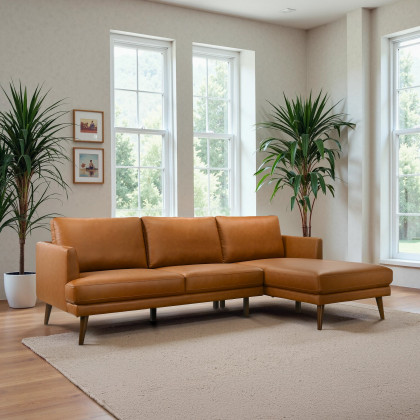 Ashcroft Lore L-Shaped Genuine Leather Sectional - Cognac Vegan Leather, Right Facing