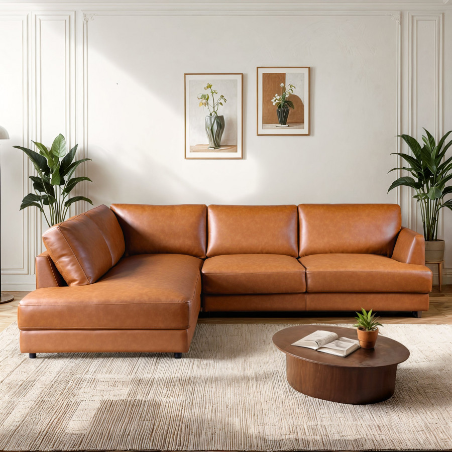 Ashcroft Glander Sectional - Cognac Leather, Left Facing