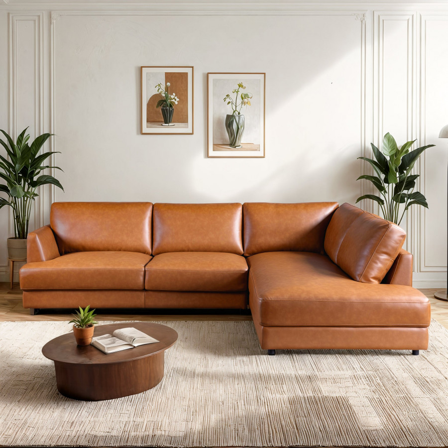 Ashcroft Glander Sectional - Cognac Leather, Right Facing