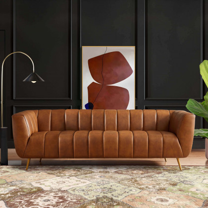 Ashcroft - Ava Genuine Italian Leather Channel Tufted Sofa in Tan