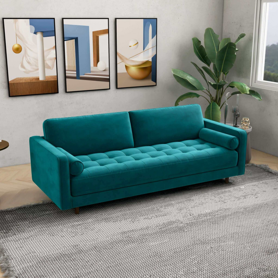 Ashcroft Anthony Pillow Back Velvet Sofa - Teal