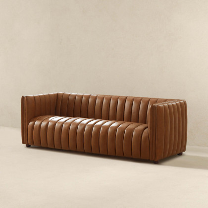 Ashcroft April Mid-Century Modern Luxury Tight Back Leather Couch - Cognac Tan
