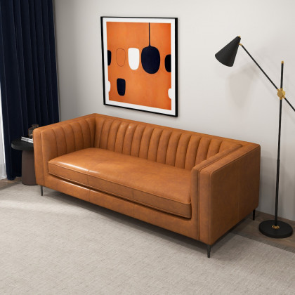 Ashcroft Angelina Cognac PU Leather Sofa 84"