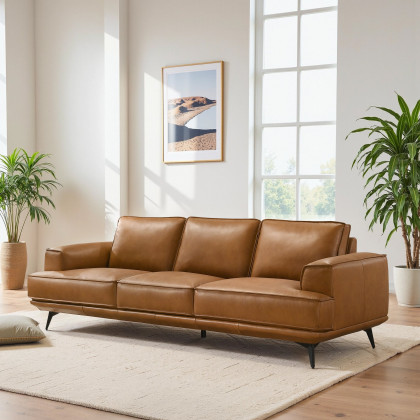 Ashcroft - Knox Genuine Tan Leather Comfortable Sofa