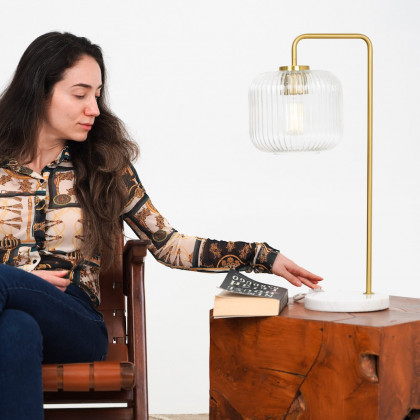 Ashcroft - Haven Clear Glass Table Lamp, Gold Brush Metal and Marble Base, Button Control