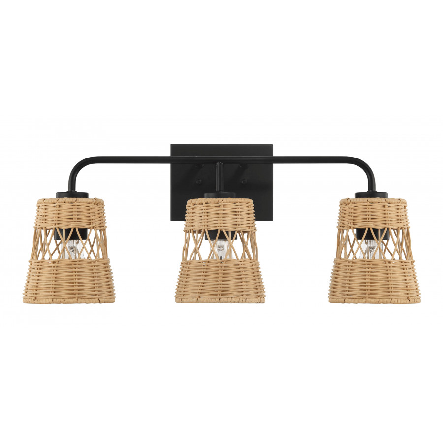 Ashcroft - Moonlit Three Lights Wall Sconce With Rattan Shade, Bathroom Lighting Fixtures Over Mirror