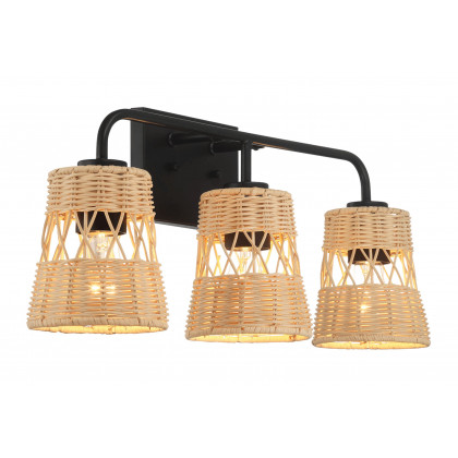 Ashcroft - Moonlit Three Lights Wall Sconce With Rattan Shade, Bathroom Lighting Fixtures Over Mirror
