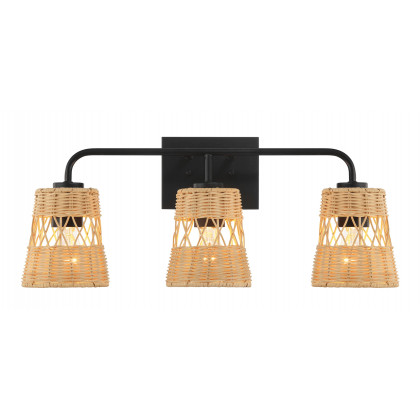 Ashcroft - Moonlit Three Lights Wall Sconce With Rattan Shade, Bathroom Lighting Fixtures Over Mirror