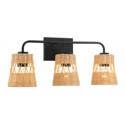 Ashcroft - Moonlit Three Lights Wall Sconce With Rattan Shade, Bathroom Lighting Fixtures Over Mirror