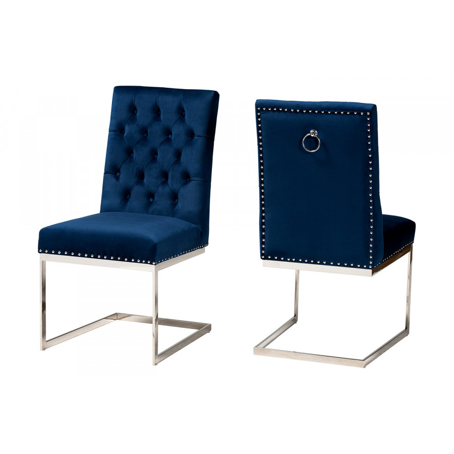 Baxton Sherine Contemporary Glam Dining Chair Set - Navy Blue Velvet
