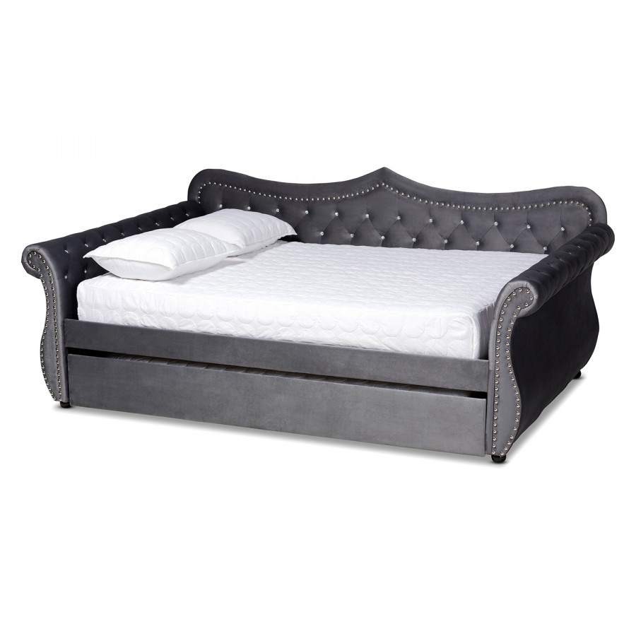 Baxton Abbie Traditional Full Size Daybed with Trundle - Gray Velvet