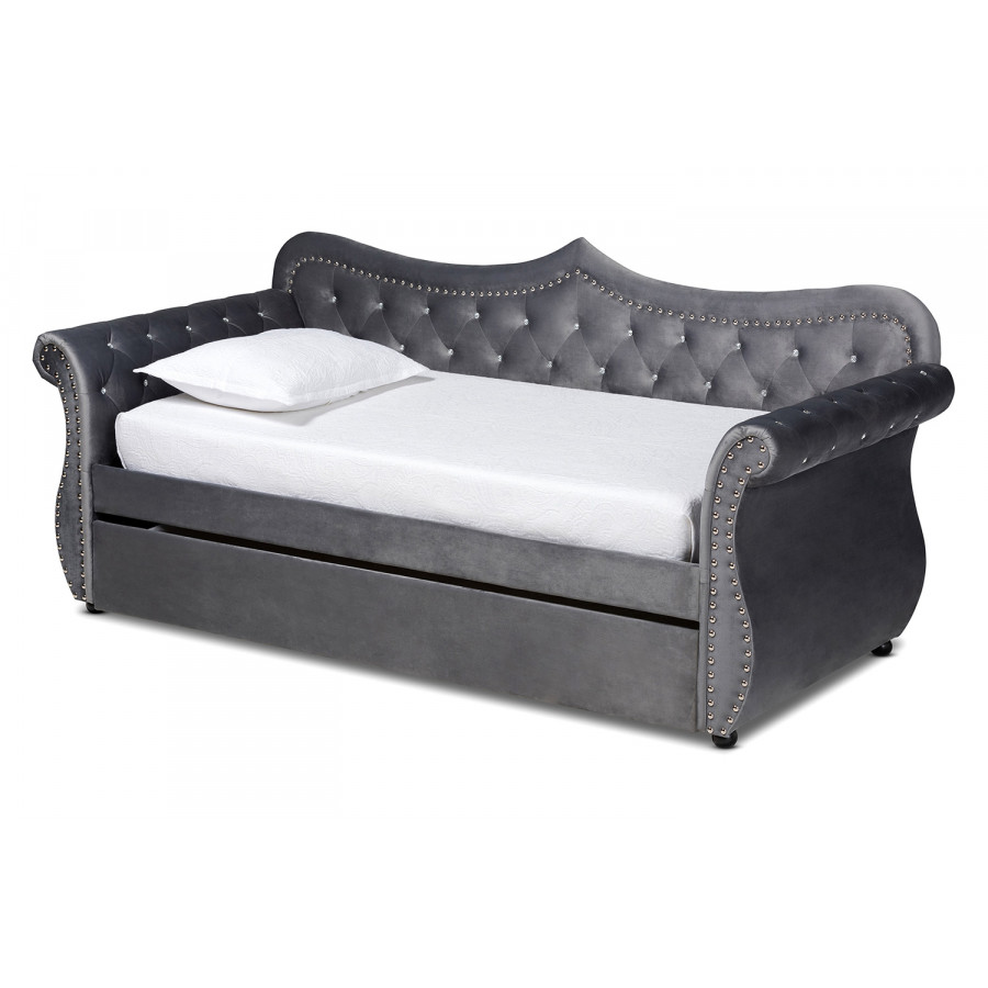 Baxton Abbie Traditional Twin Size Daybed with Trundle - Gray Velvet