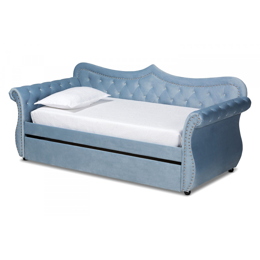 Baxton Abbie Traditional Twin Size Daybed with Trundle - Light Blue Velvet