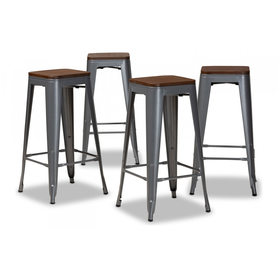 Baxton Horton Modern 4-Piece Bar Stool Set - Gray Metal and Walnut Brown