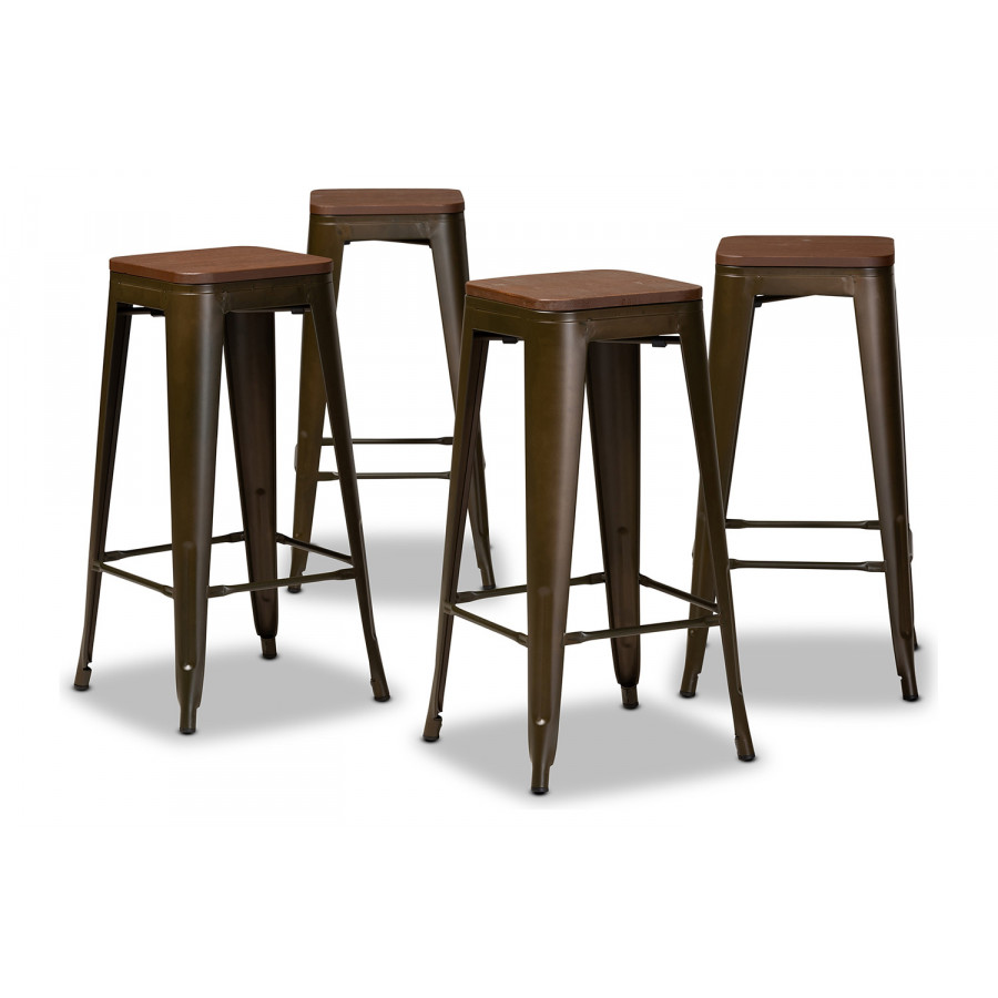 Baxton Horton Modern 4-Piece Bar Stool Set - Brown Metal and Walnut Brown