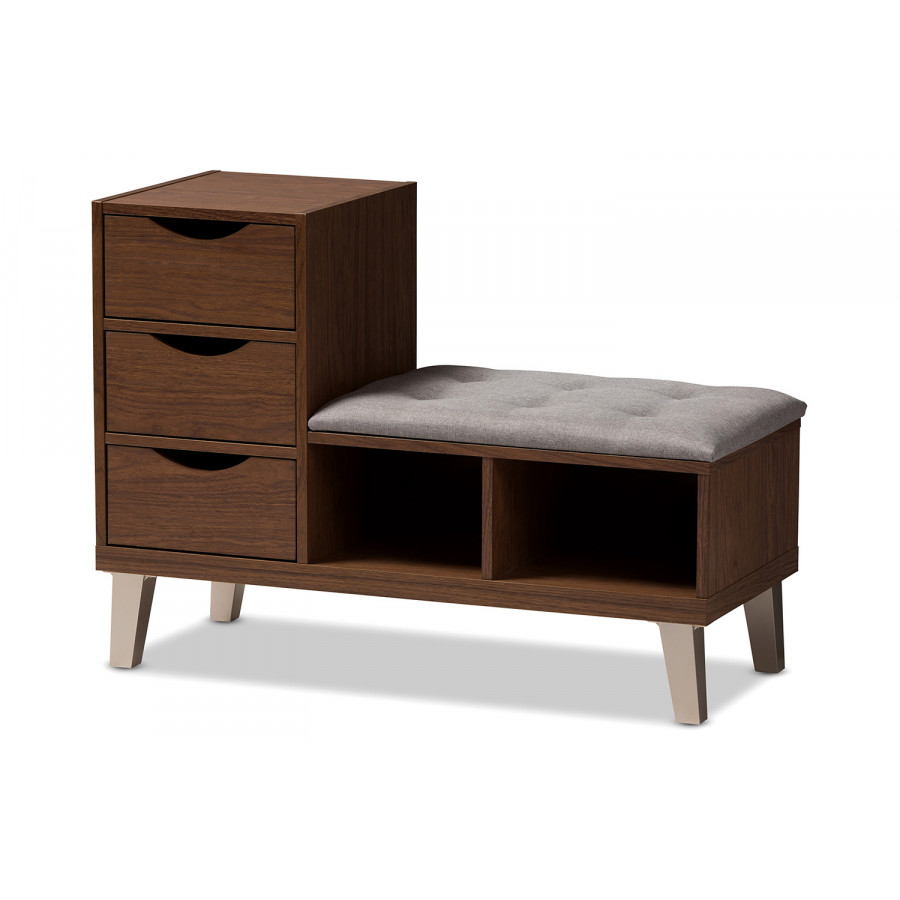 Baxton Arielle Modern 3-Drawer Shoe Seating Bench with Two Open Shelves - Walnut