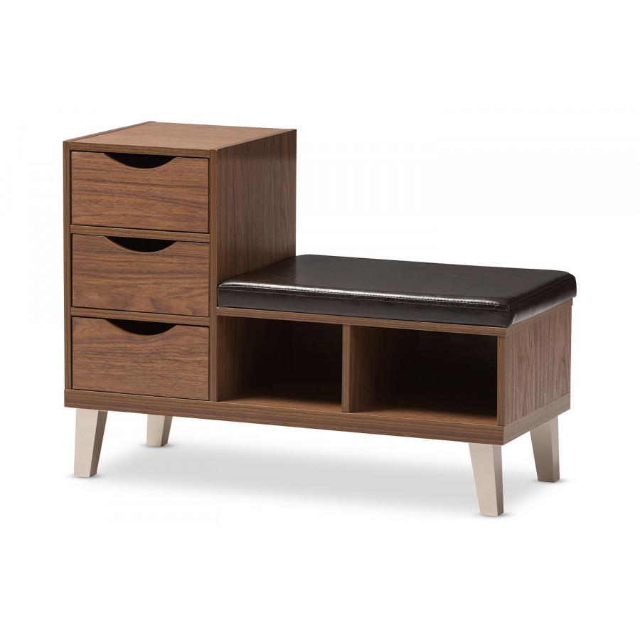 Baxton Arielle Modern 3-Drawer Shoe Seating Bench with Two Open Shelves - Walnut Brown