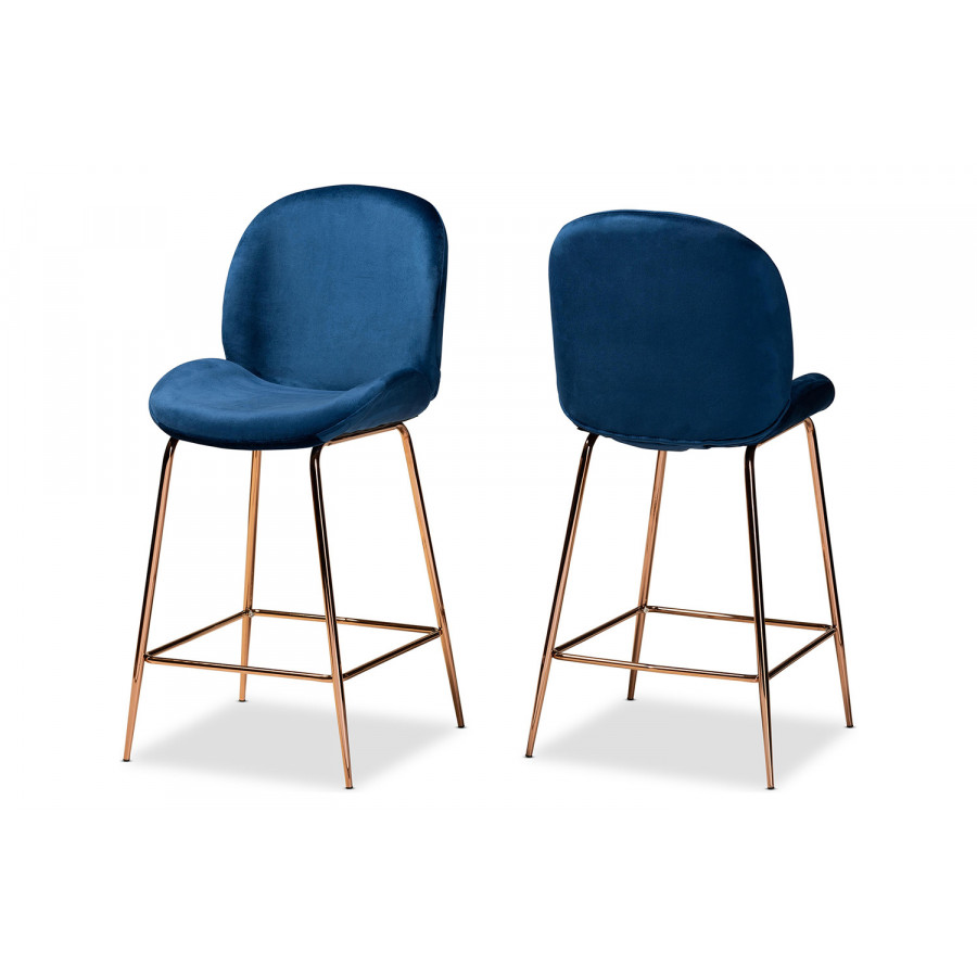 Baxton Lander Modern 2-Piece Counter Stool Set - Navy Blue Velvet