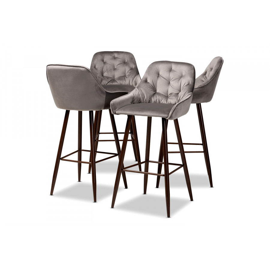 Baxton Catherine Modern 4-Piece Bar Stool Set - Gray Velvet