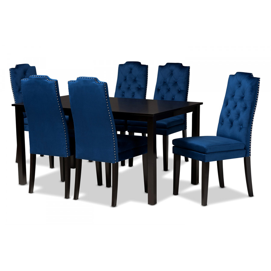 Baxton Dylin Modern 7-Piece Dining Set - Navy Blue Velvet