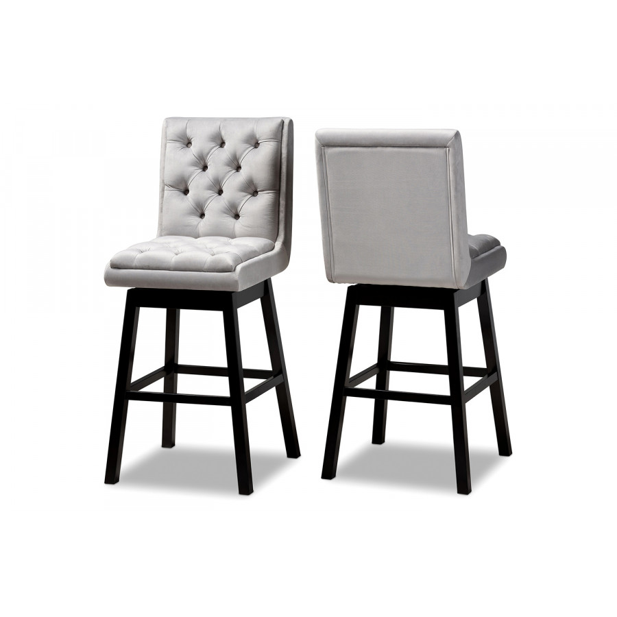 Baxton Gregory Modern 2-Piece Swivel Bar Stool Set - Light Gray Velvet