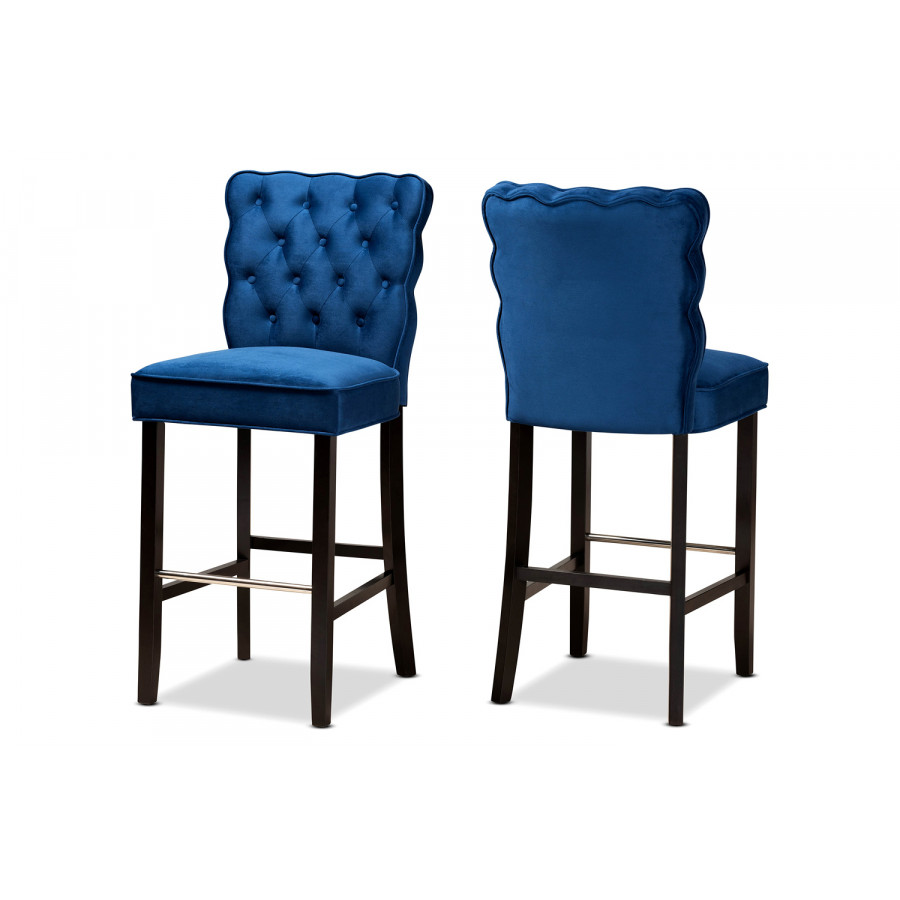 Baxton Daphne Modern 2-Piece Bar Stool Set - Navy Blue Velvet