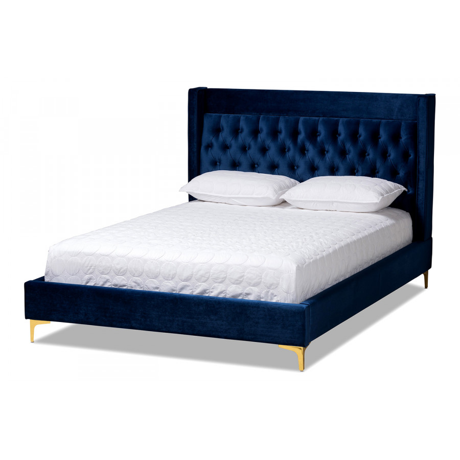 Baxton Valery Modern Platform Bed With Gold Finished Legs King Size - Navy Blue