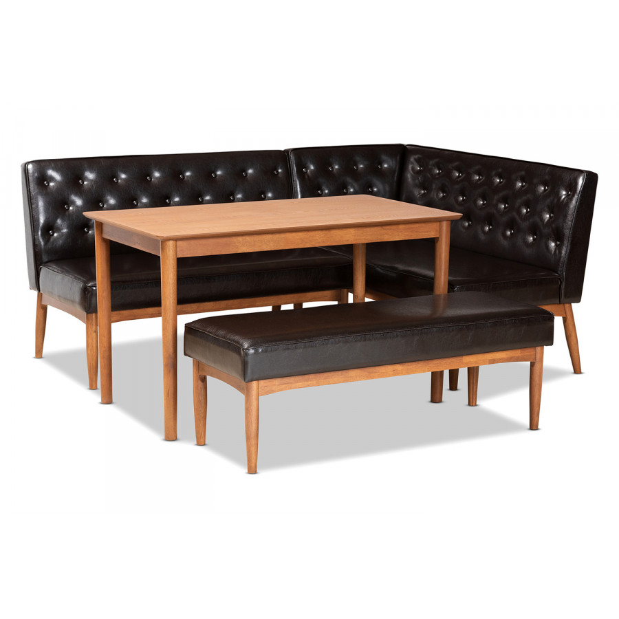Baxton Riordan Mid-Century Modern 4-Piece Dining Nook Set - Dark Brown