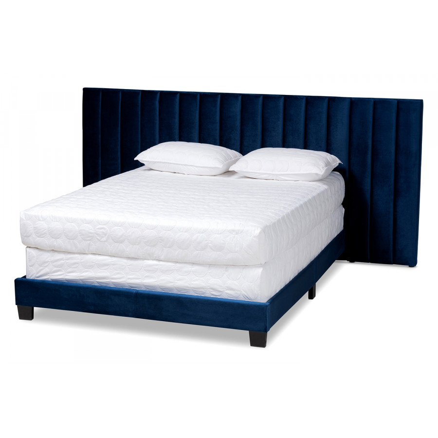 Baxton Fiorenza King Size Panel Bed with Extra Wide Channel Tufted Headboard - Navy Blue
