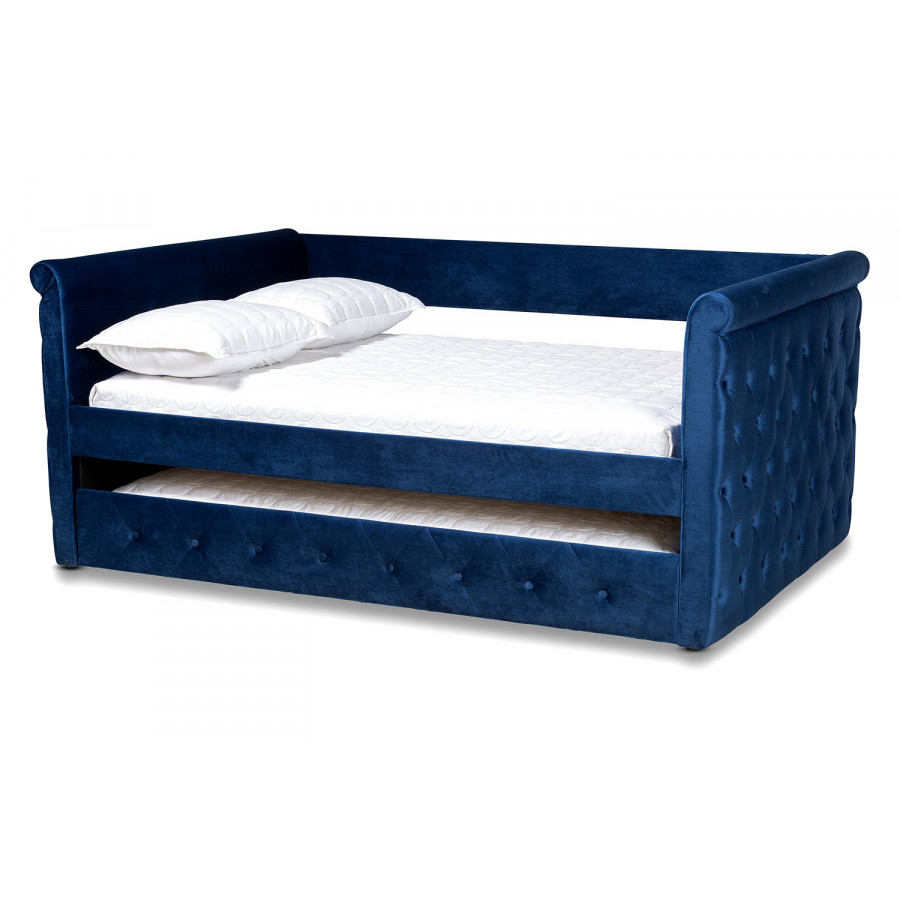 Baxton Amaya Modern Queen Size Daybed with Trundle - Navy Blue