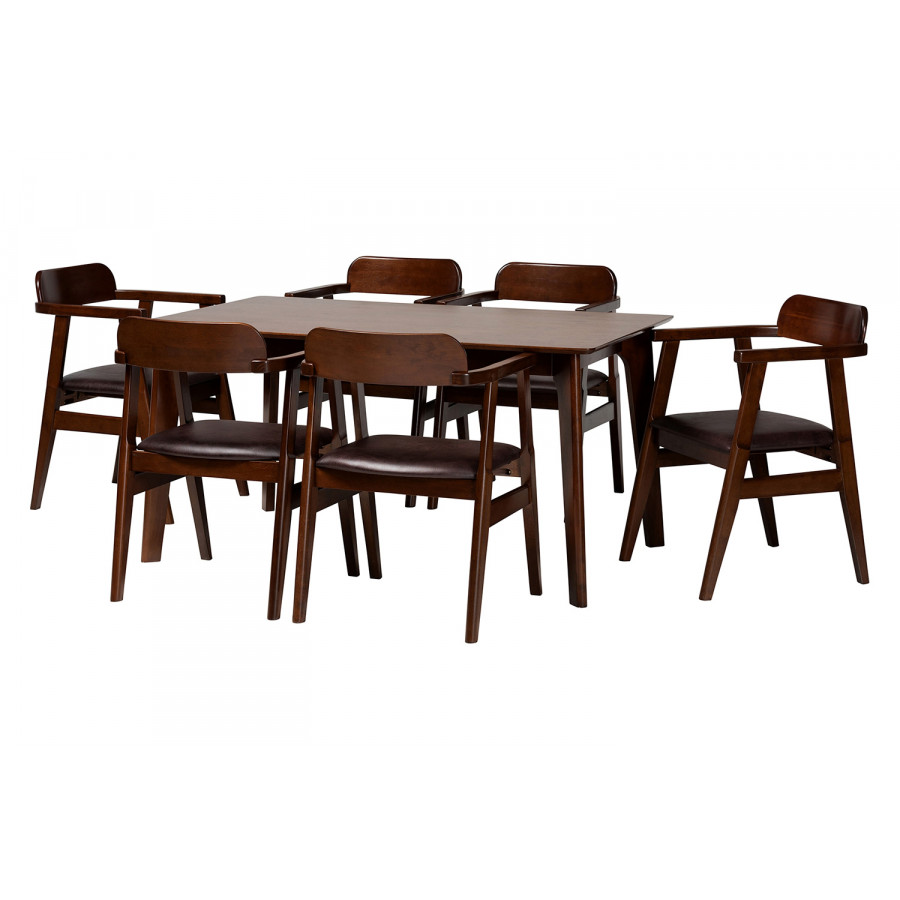 Baxton - Cleo Mid Century Modern 7 Piece Dining Set in Dark Brown