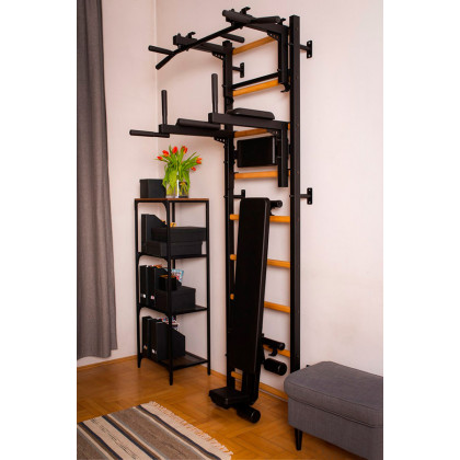 BenchK 733B Wall Bar with Convertible Pull-Up Bar, Dip Bar and Workout Bench - Black/Wood
