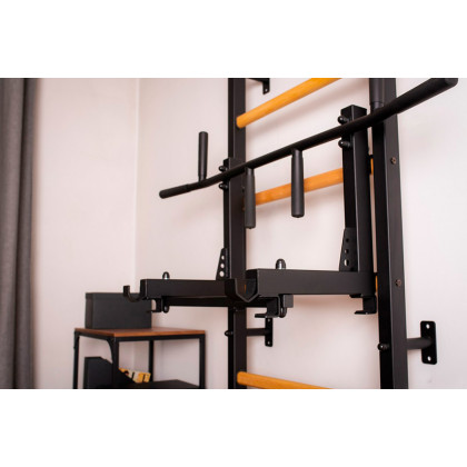 BenchK 733B Wall Bar with Convertible Pull-Up Bar, Dip Bar and Workout Bench - Black/Wood