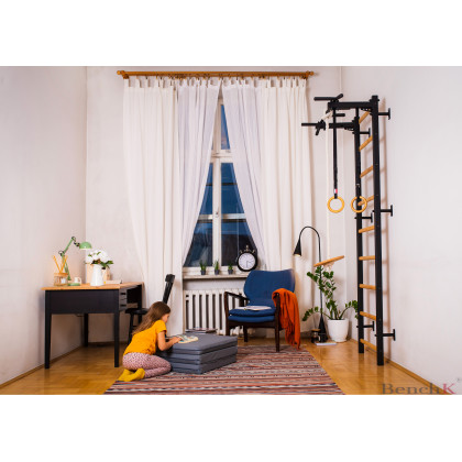 BenchK 721B+A076 Wall bar with Pull-Up Bar and Gymnastic Accessories - Black/Wood