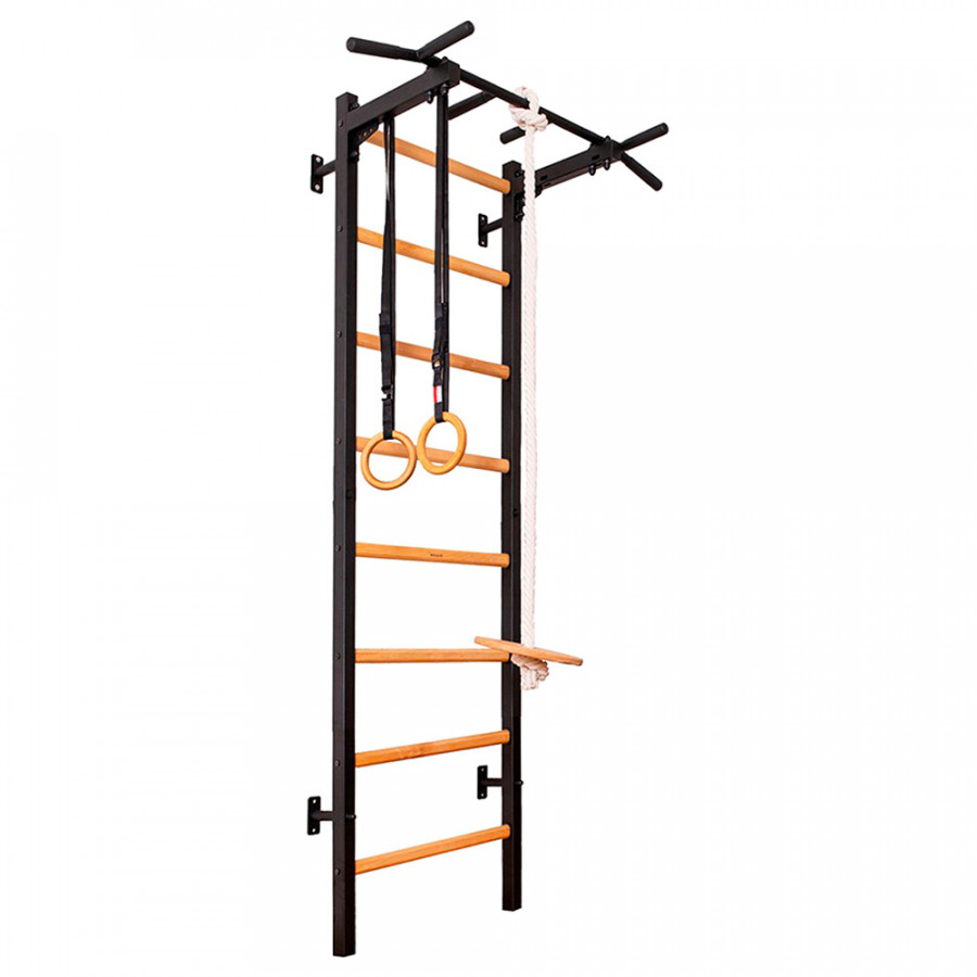 BenchK 221B+A076 Wall Bar with Fixed Pull-Up Bar and Gymnastic Accessories - Black/Wood