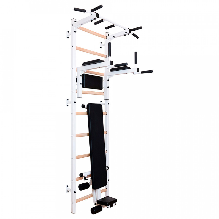 BenchK 723W Wall Bar with Pull-Up Bar, Dip Bar and Workout Bench - White/Wood
