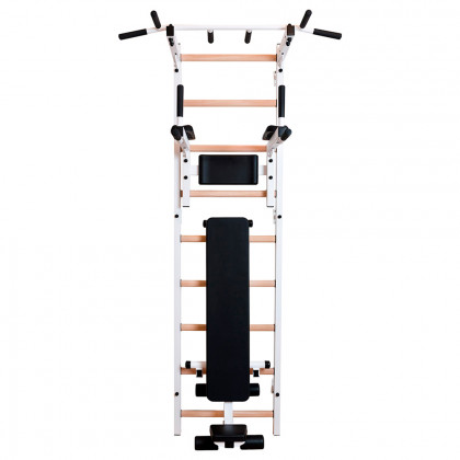 BenchK 723W Wall Bar with Pull-Up Bar, Dip Bar and Workout Bench - White/Wood